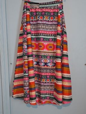 Pink, Orange, Green, & Black Patterned A-Line Maxi Skirt